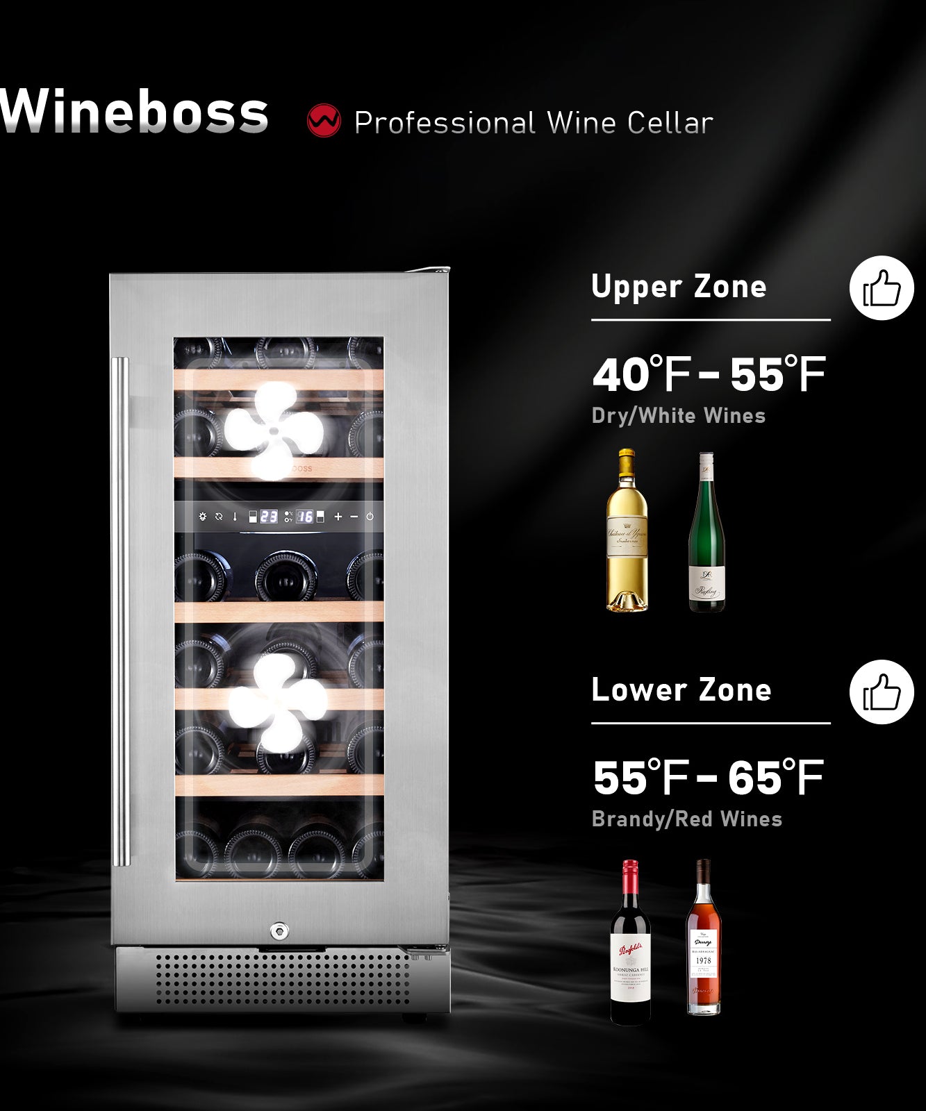 WINEBOSS 15" Wine Cooler Refrigerator, 28 Bottle, Double-Layer Tempered Glass Door