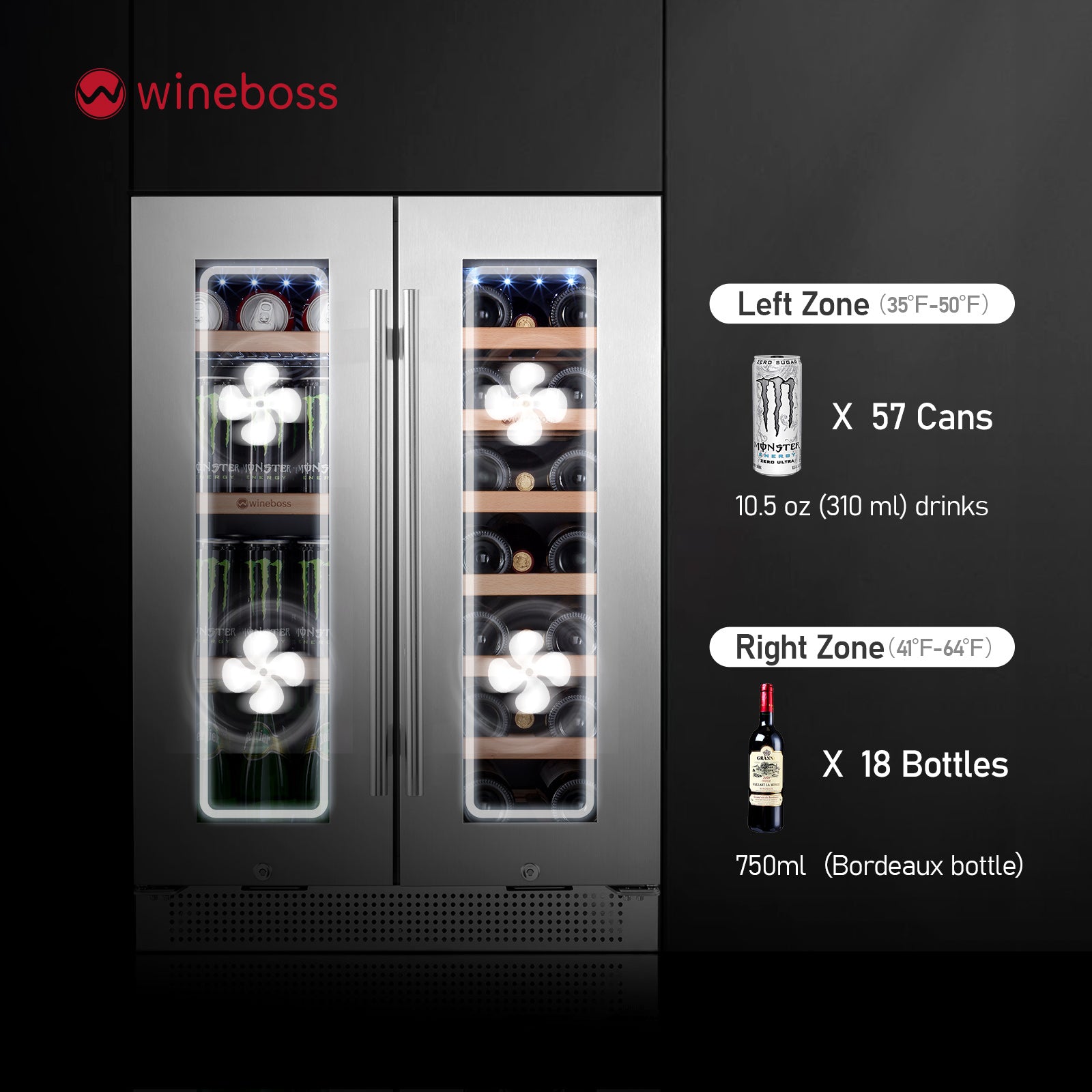 WINEBOSS 24 inch Wine and Beverage Refrigerator Dual Zone 18 Bottles and 57 Cans