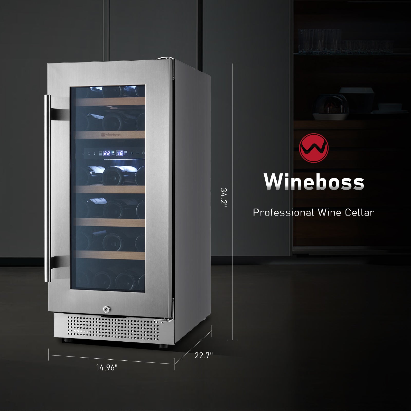 WINEBOSS 15" Wine Cooler Refrigerator, 28 Bottle, Double-Layer Tempered Glass Door