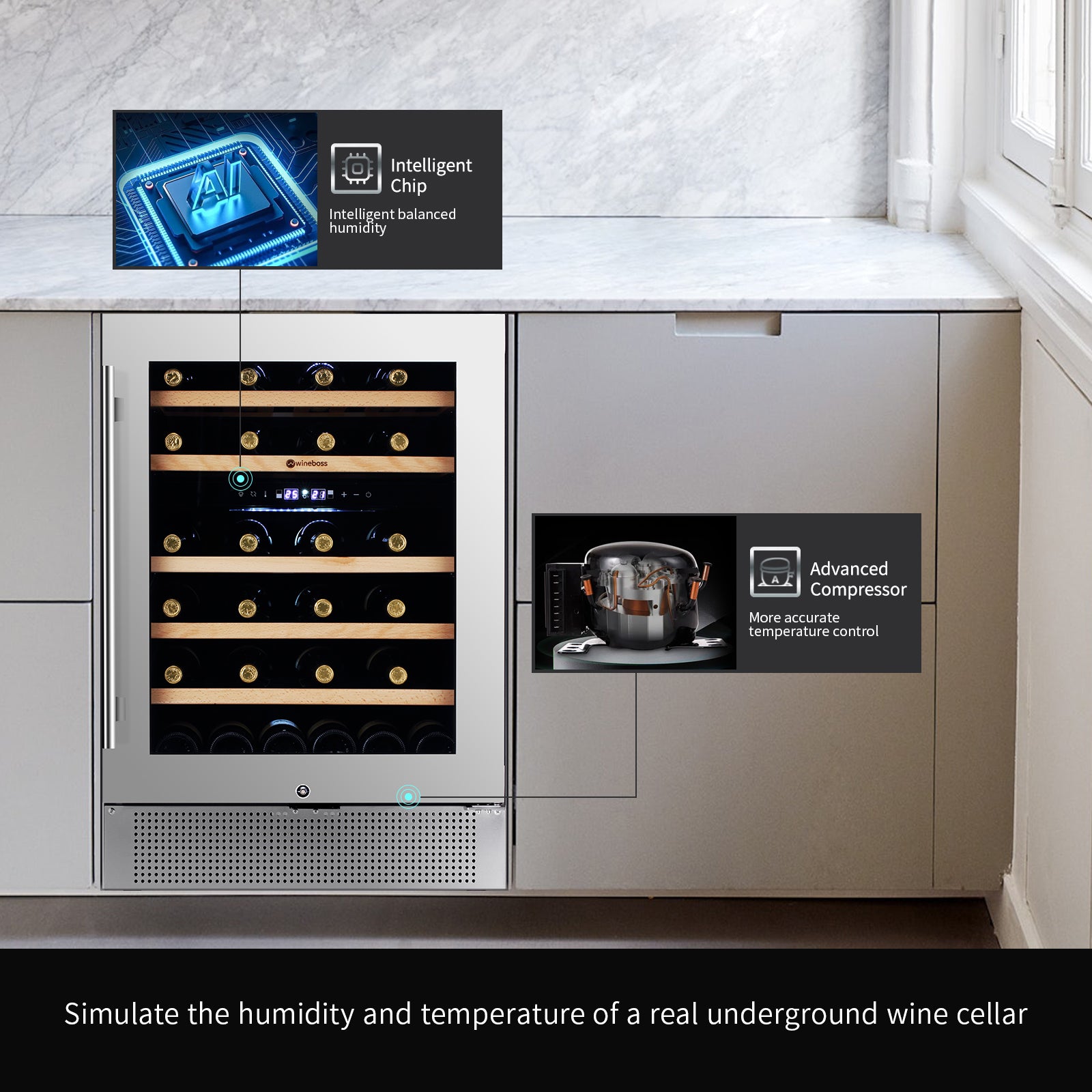 WINEBOSS 24'' Wine Cooler Refrigerator, 46 Bottle Dual Zone Built-in Under Counter