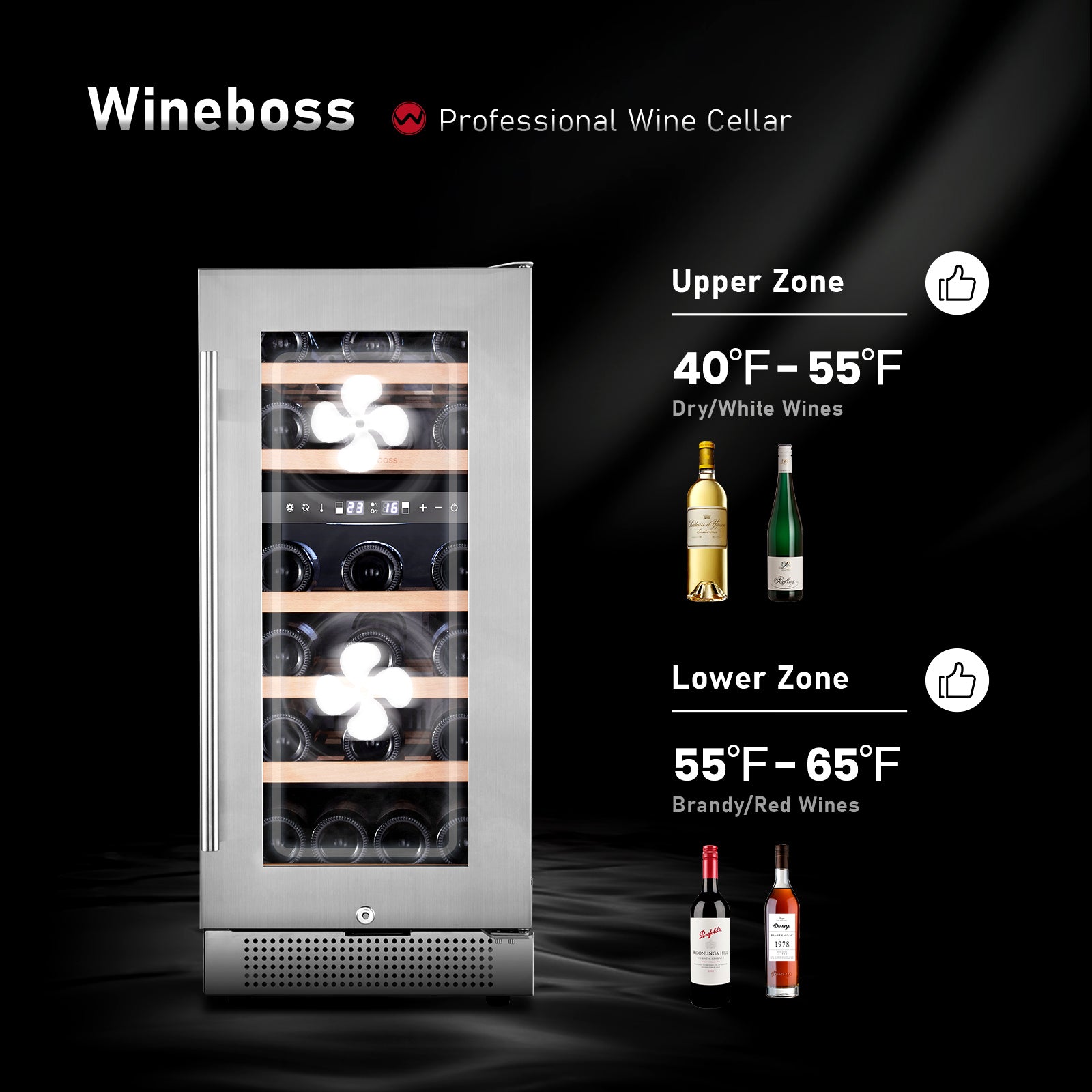 WINEBOSS 15" Wine Cooler Refrigerator, 28 Bottle, Double-Layer Tempered Glass Door