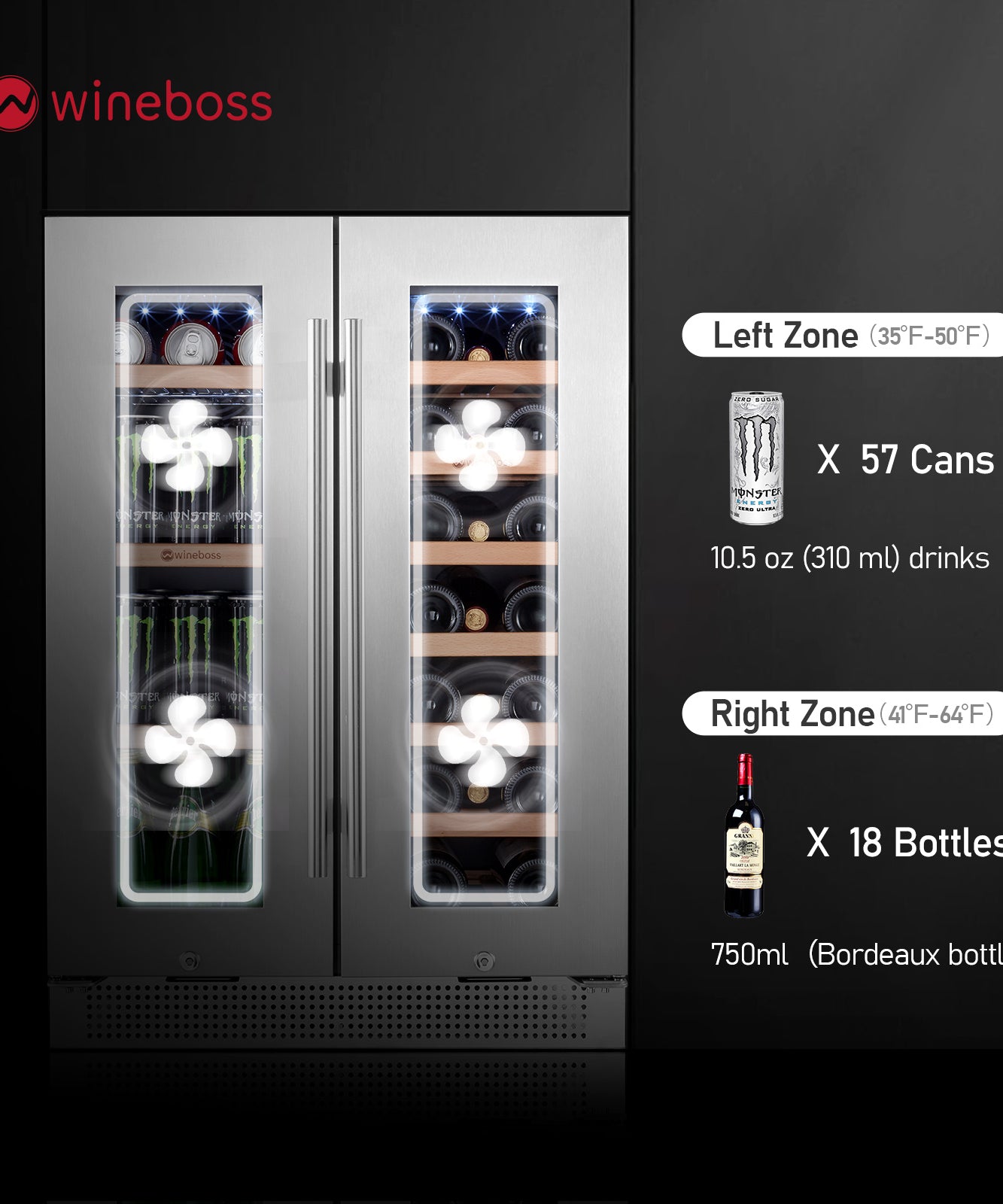 WINEBOSS 24 inch Wine and Beverage Refrigerator Dual Zone 18 Bottles and 57 Cans