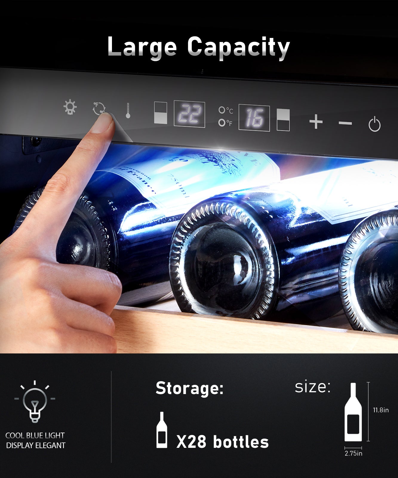 WINEBOSS 15" Wine Cooler Refrigerator, 28 Bottle, Double-Layer Tempered Glass Door