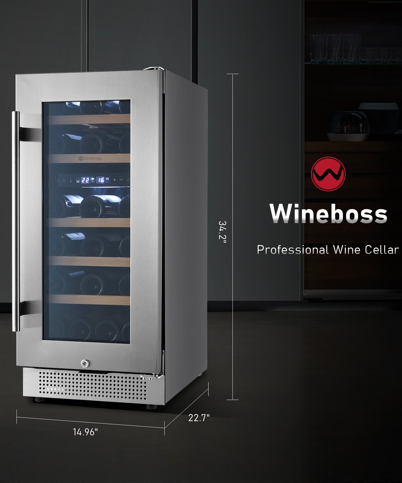 WINEBOSS 15" Wine Cooler Refrigerator, 28 Bottle, Double-Layer Tempered Glass Door