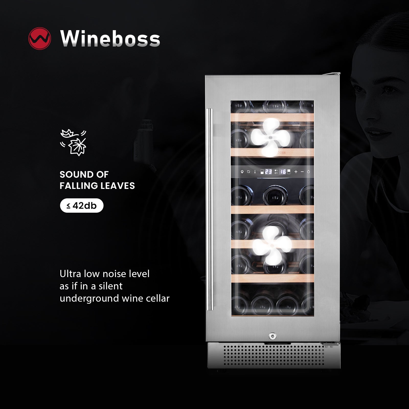 WINEBOSS 15" Wine Cooler Refrigerator, 28 Bottle, Double-Layer Tempered Glass Door