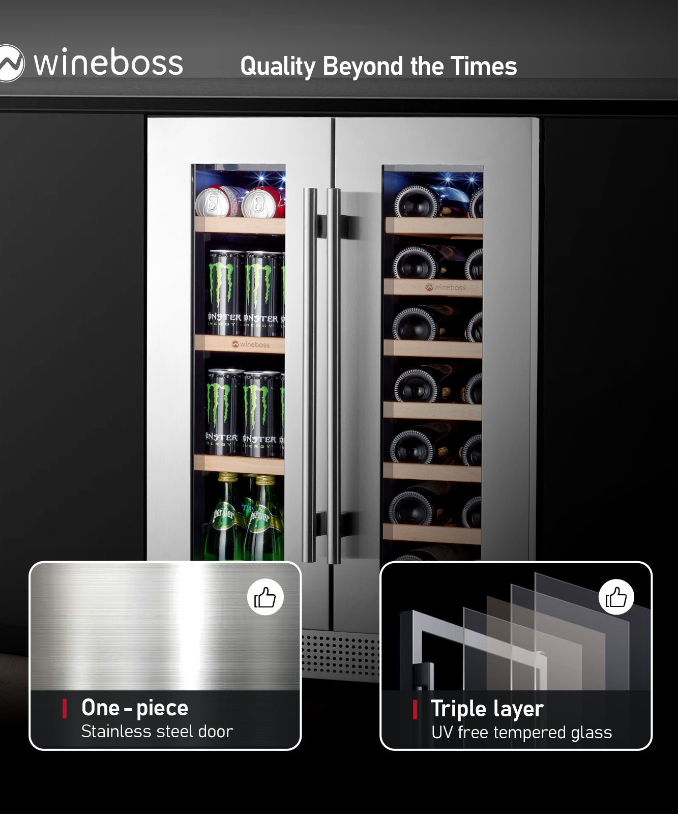 WINEBOSS 24 inch Wine and Beverage Refrigerator Dual Zone 18 Bottles and 57 Cans
