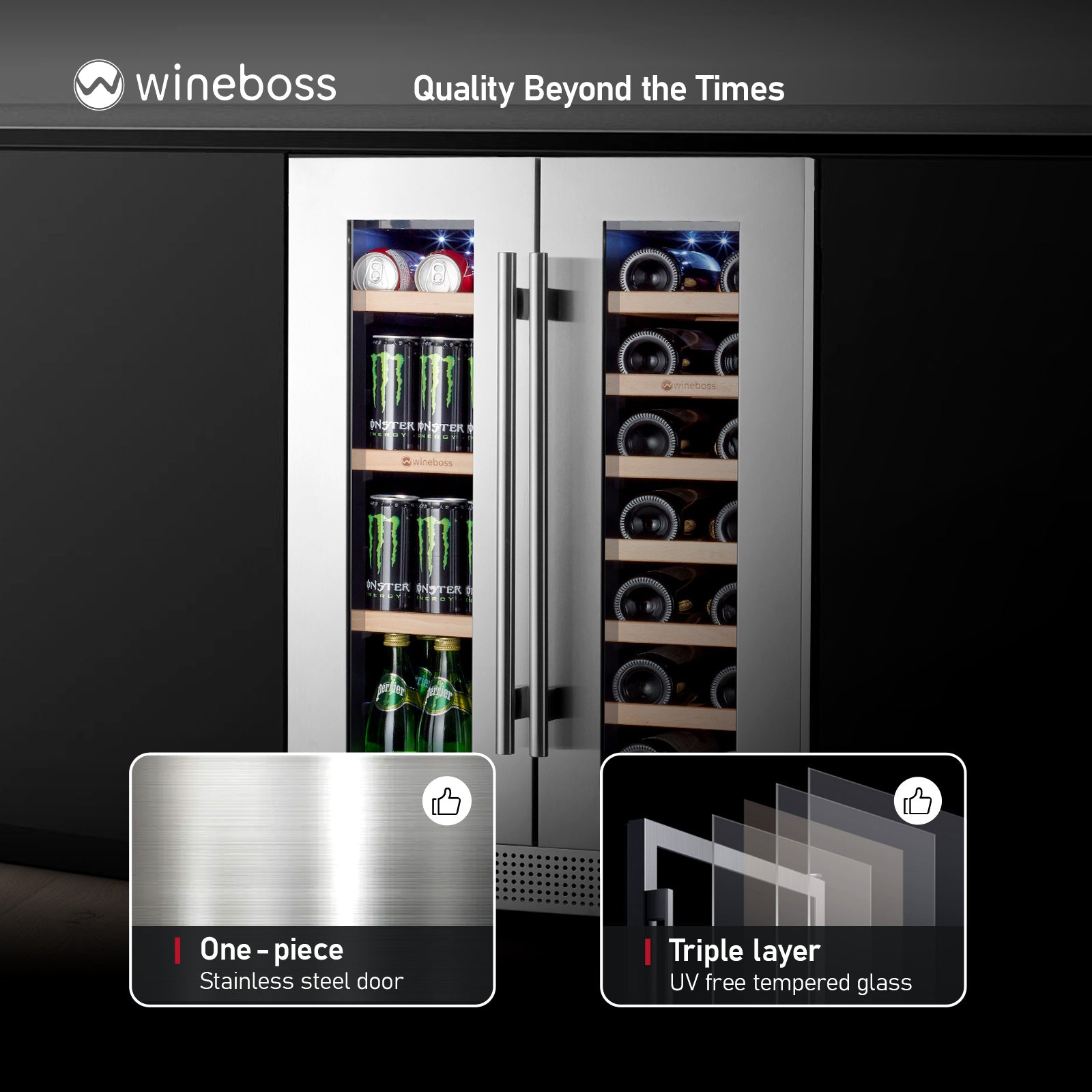 WINEBOSS 24 inch Wine and Beverage Refrigerator Dual Zone 18 Bottles and 57 Cans