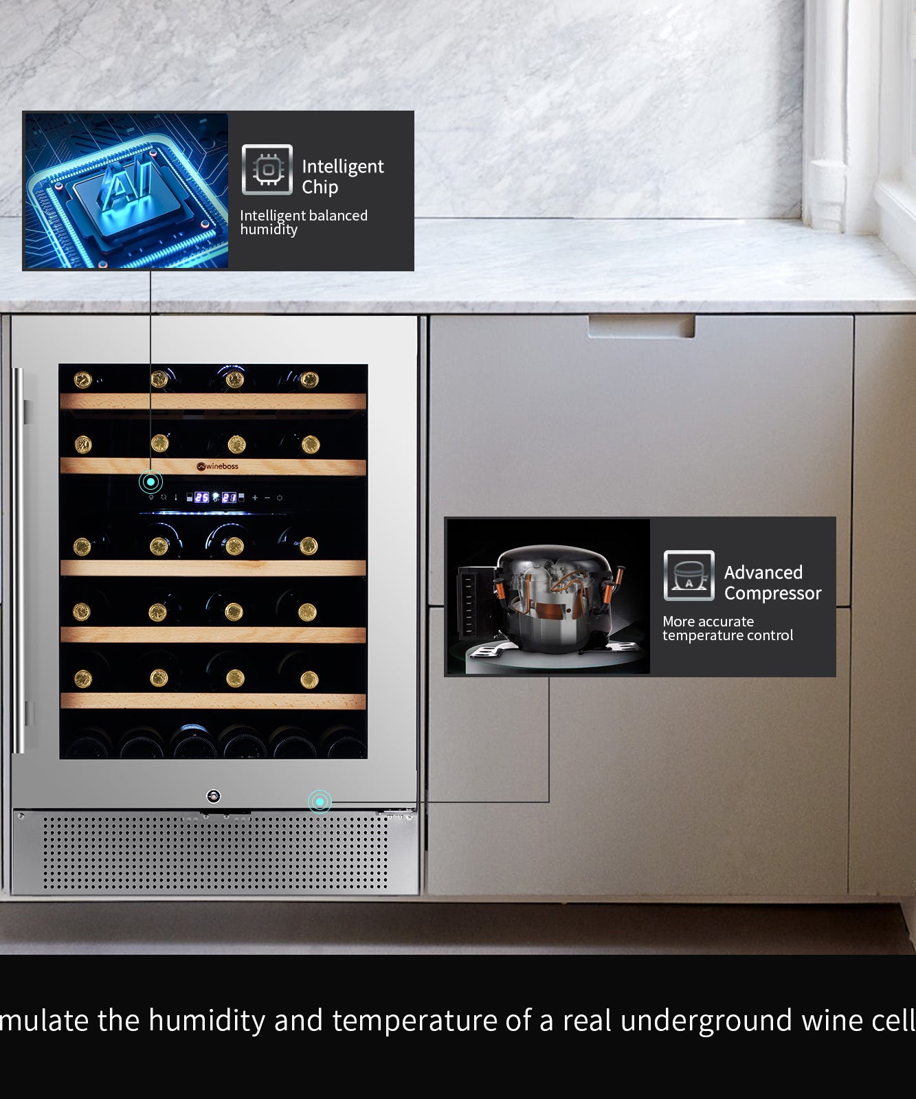 WINEBOSS 24'' Wine Cooler Refrigerator, 46 Bottle Dual Zone Built-in Under Counter