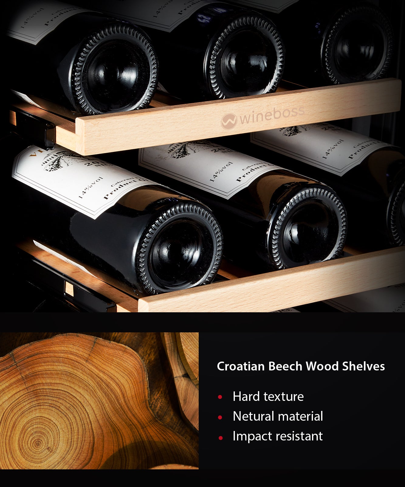 WINEBOSS 15" Wine Cooler Refrigerator, 28 Bottle, Double-Layer Tempered Glass Door