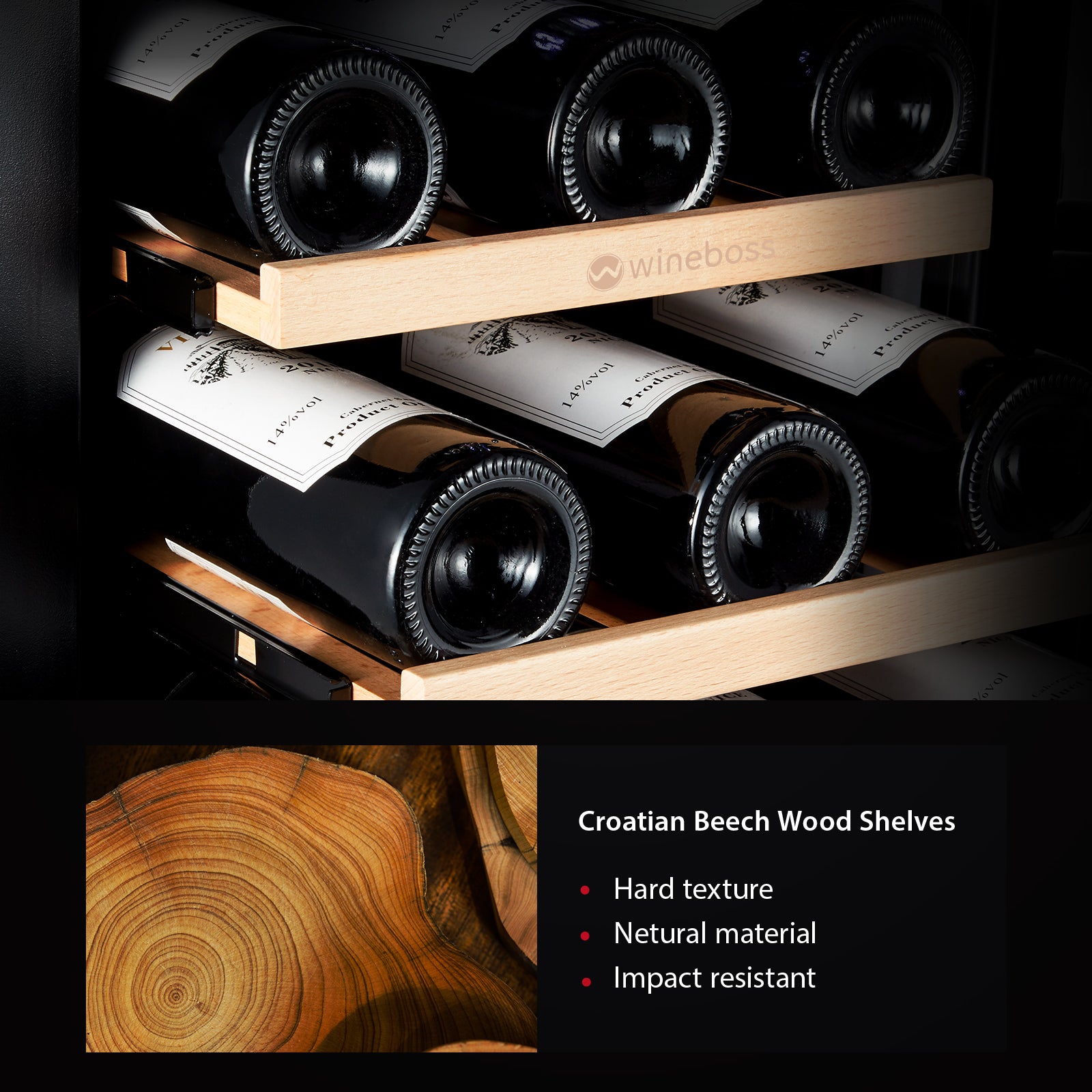 WINEBOSS 15" Wine Cooler Refrigerator, 28 Bottle, Double-Layer Tempered Glass Door