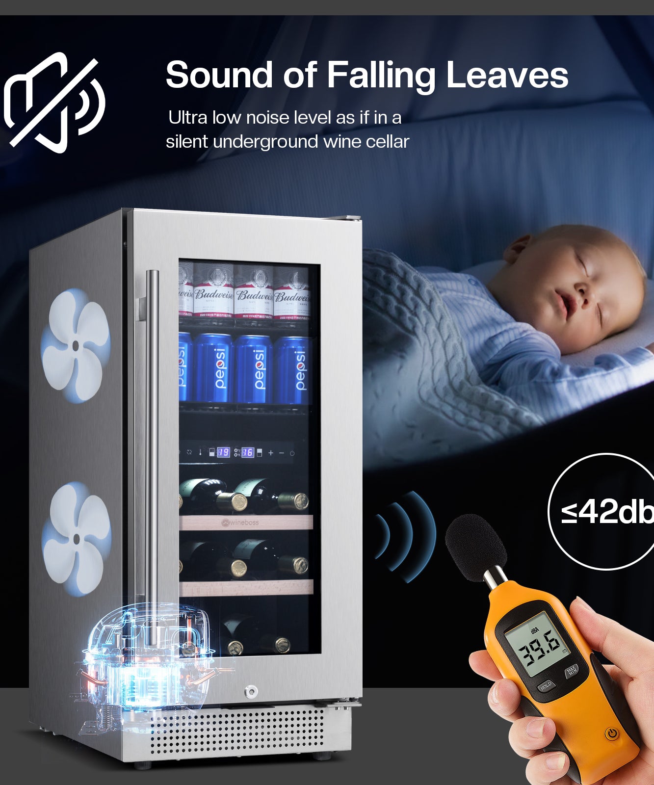 WINEBOSS 15 Inch Wine and Beverage Refrigerator, 13 Bottle & 48 Cans