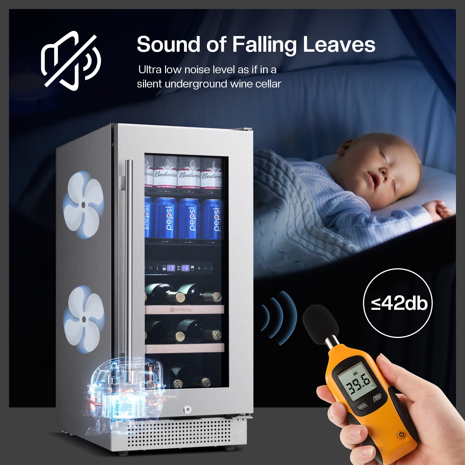 WINEBOSS 15 Inch Wine and Beverage Refrigerator, 13 Bottle & 48 Cans