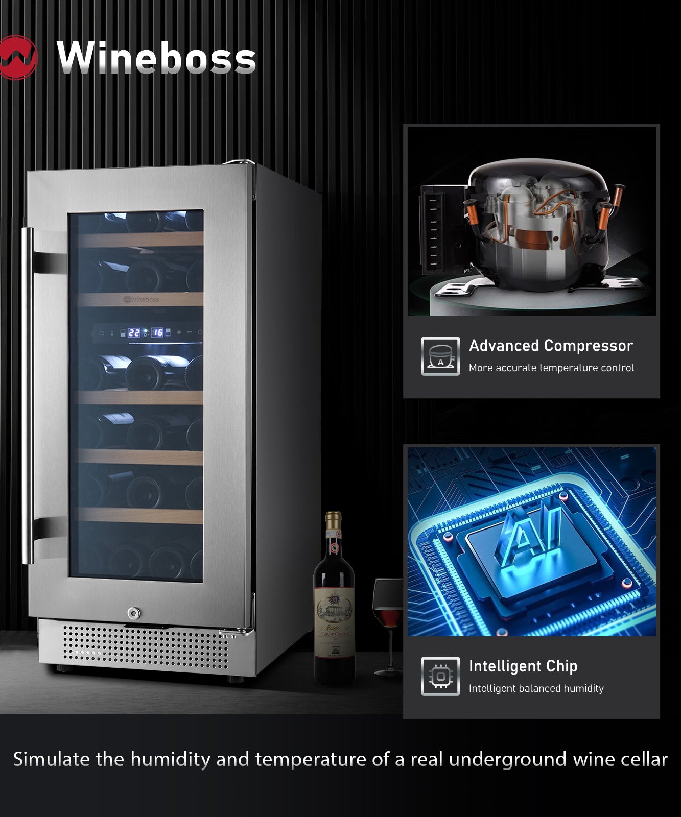WINEBOSS 15" Wine Cooler Refrigerator, 28 Bottle, Double-Layer Tempered Glass Door