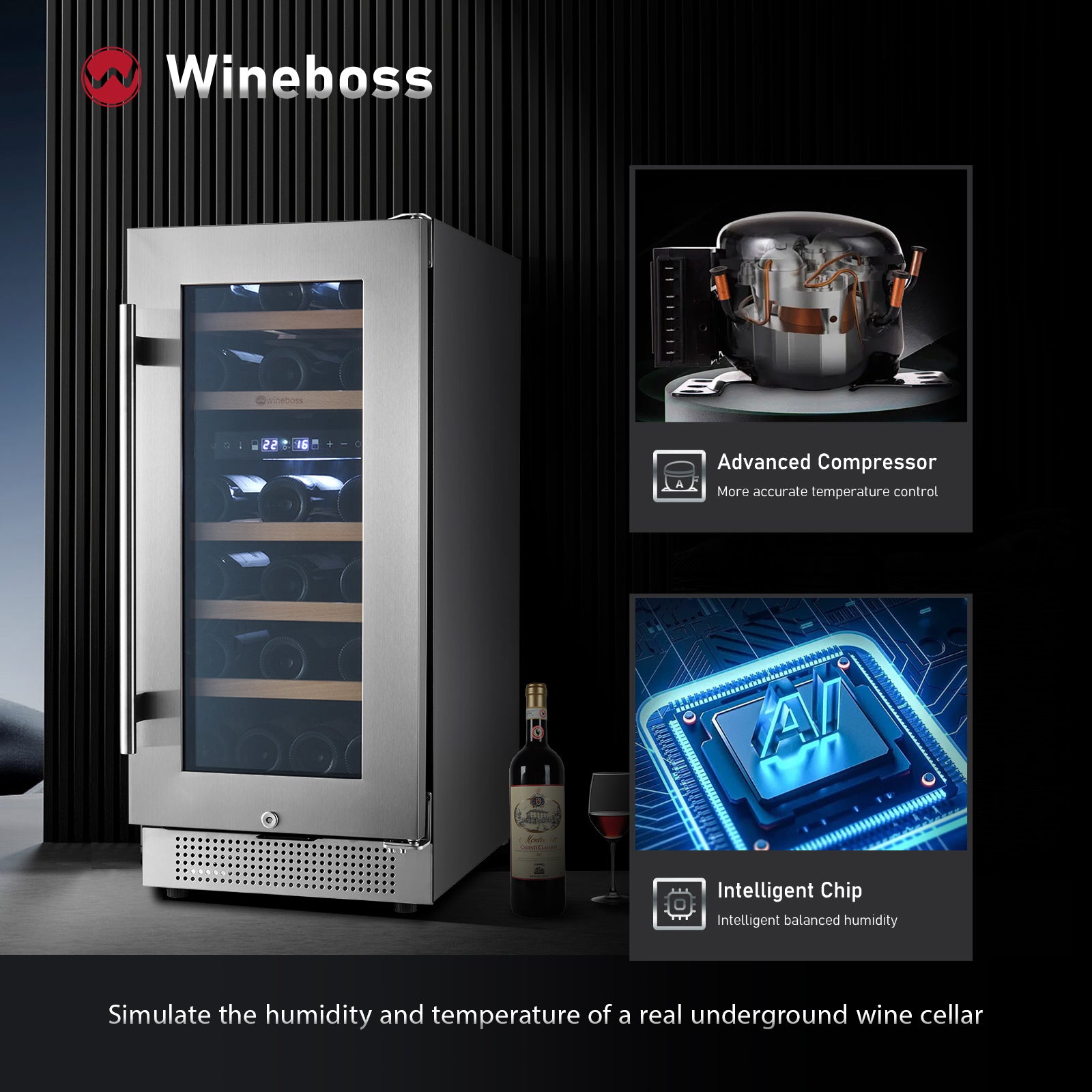 WINEBOSS 15" Wine Cooler Refrigerator, 28 Bottle, Double-Layer Tempered Glass Door