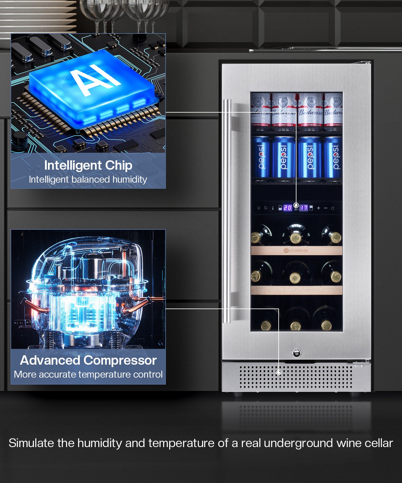 WINEBOSS 15 Inch Wine and Beverage Refrigerator, 13 Bottle & 48 Cans