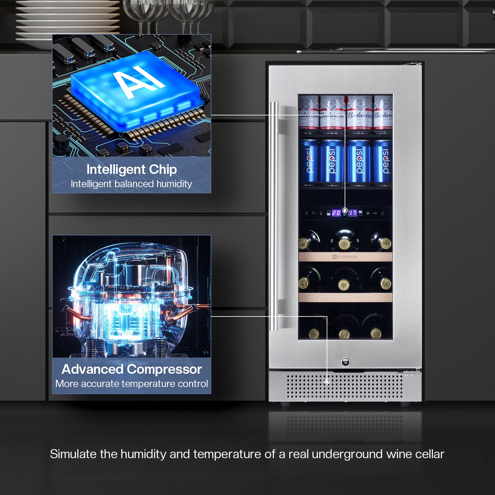 WINEBOSS 15 Inch Wine and Beverage Refrigerator, 13 Bottle & 48 Cans