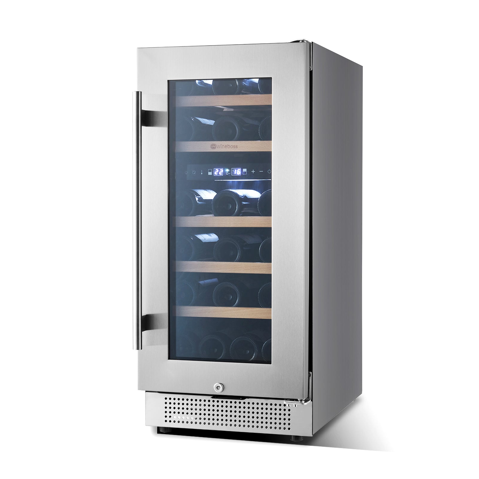 WINEBOSS 15" Wine Cooler Refrigerator, 28 Bottle, Double-Layer Tempered Glass Door